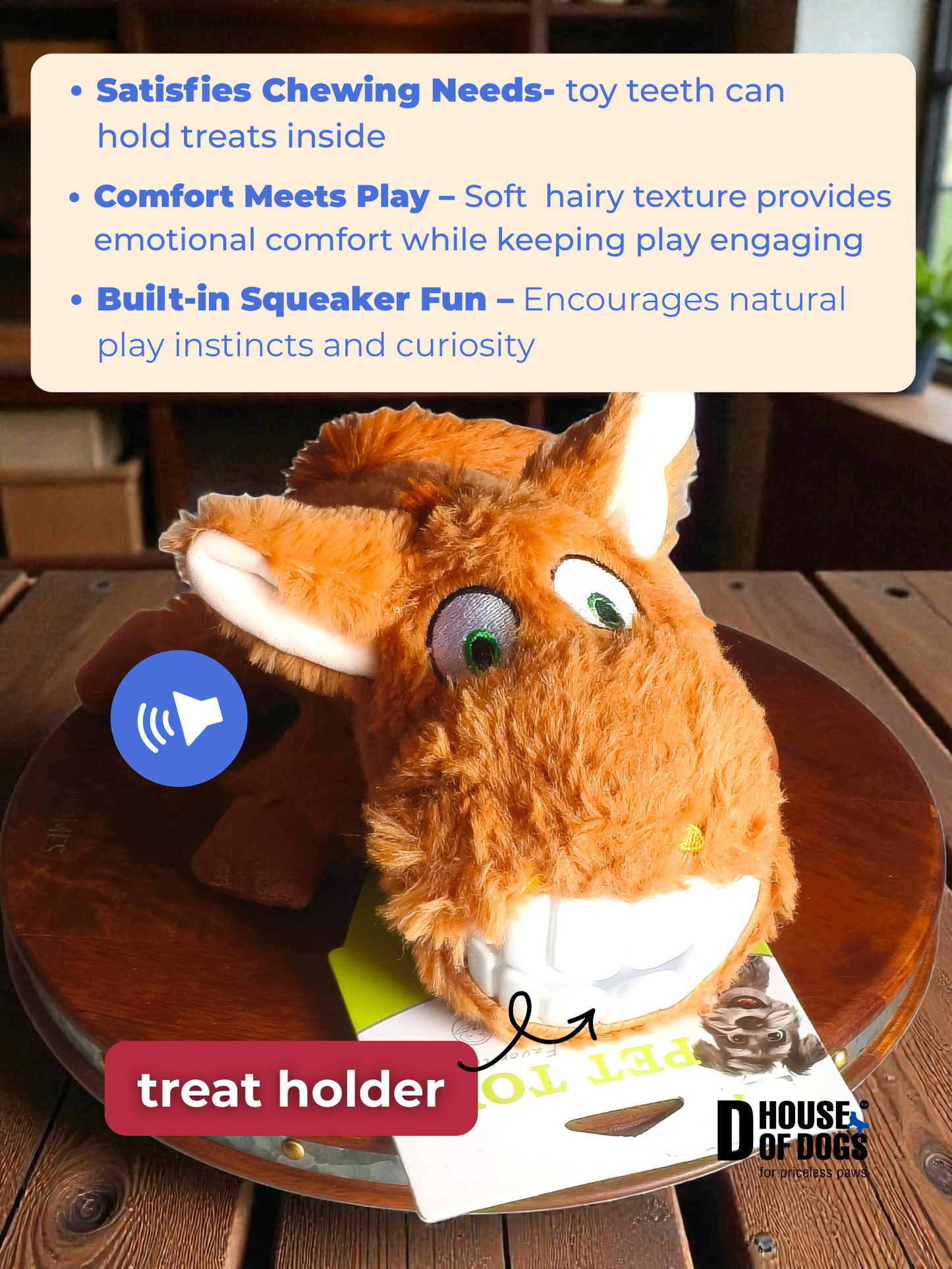 Smiley Teeth Large Plush Pet Toy with Hidden Treat Pocket – Squeaky, Soft & Built for Fun